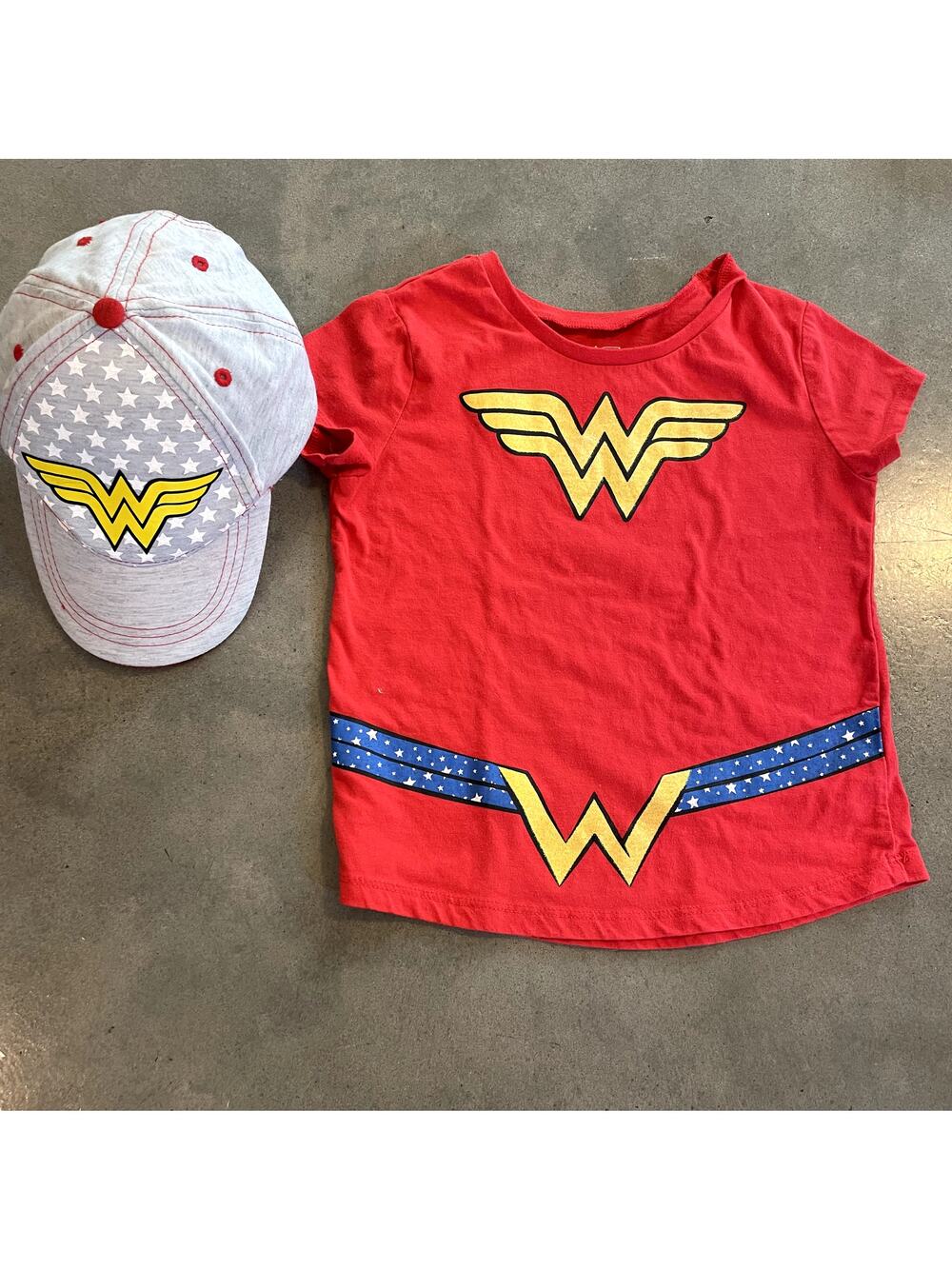 Wonder Woman red tee girls 7 gray WW cap hat bundle set